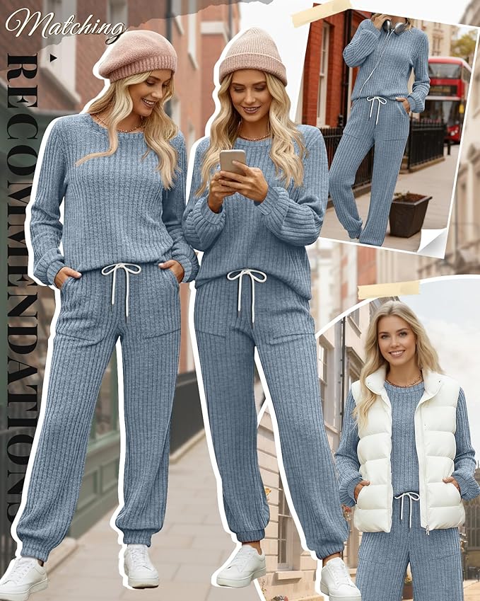 Sweetyweee Women's Ribbed Knit Lounge Sets 2 Piece Outfits Long Sleeve Pajamas Set Loungewear Sweatsuits Fall Pjs with Pocket