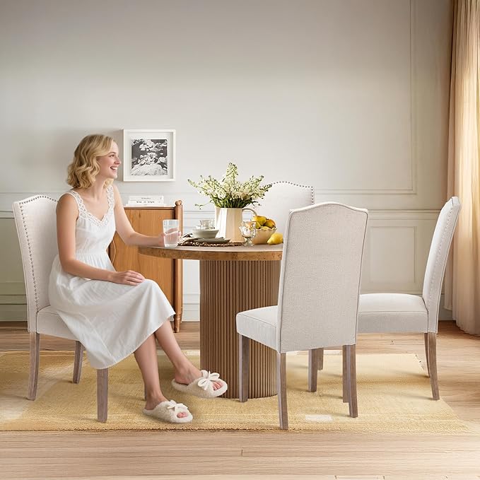 SNUGWAY Upholstered Dining Chair Stylish Parsons Kitchen High Back with Silver Nailhead Trim & Wood Legs, 2-Pack, Fabric Beige