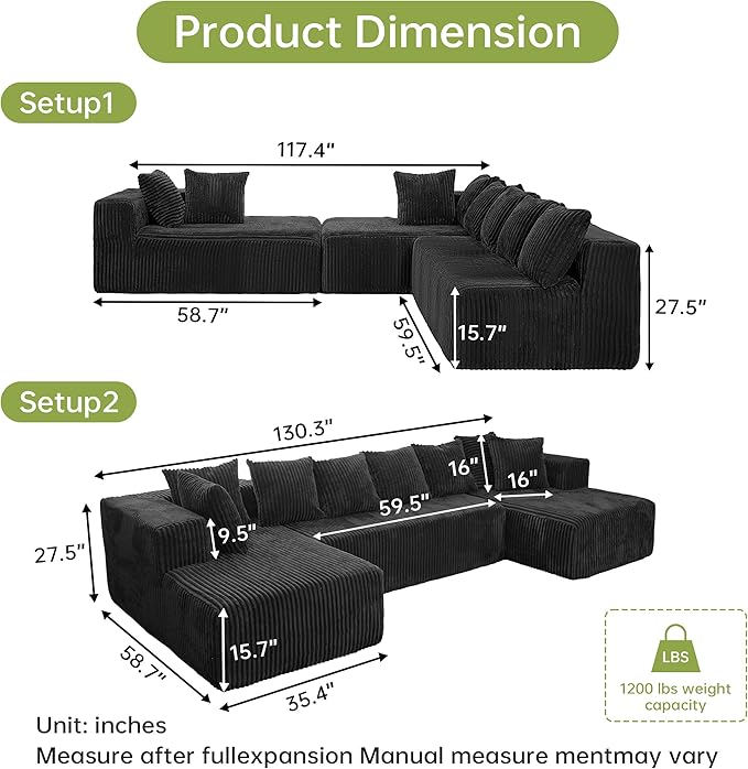 130" Boneless Couch, Cloud Couch Sectional, Corduroy Sofa for Living Room, U Shaped Modular Sofa with Chaise, No Assembly, 4 Seats Oversized (Black)