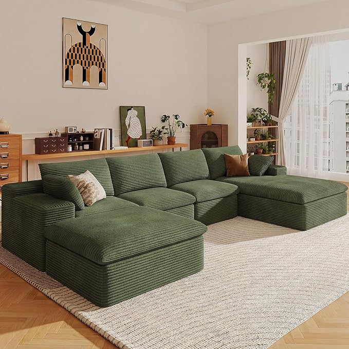 136" Cloud Sectional Couch with U-Shaped Chaise,Corduroy Viral Boneless Sofa with Ottoman,Memory Foam Couches in a Box with Deep Seat for Living Room,No Assembly Required (Green,Right-Facing Chaise)
