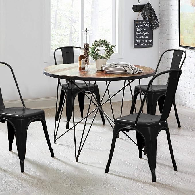 Devoko Metal Indoor-Outdoor Chairs Distressed Style Kitchen Dining Chairs Stackable Side Chairs with Back Set of 4 (Black)