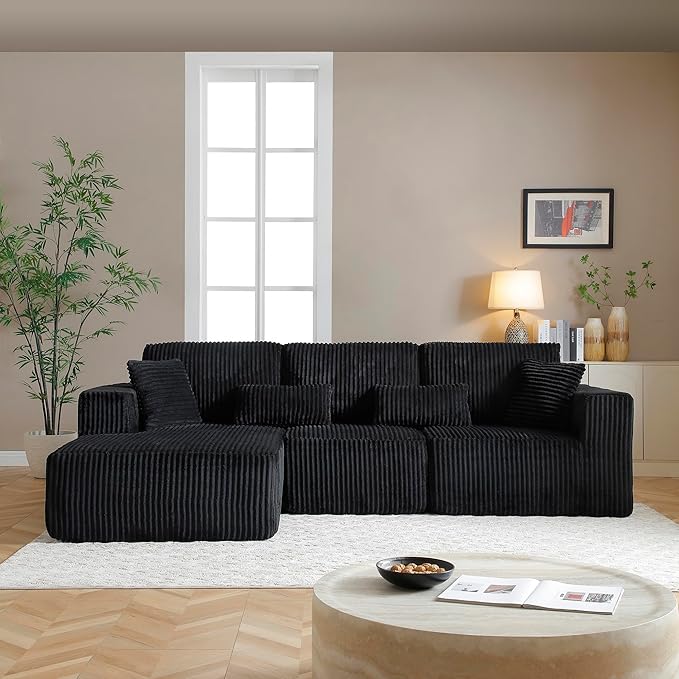 108" Boneless Cloud Sectional Couches for Living Room, Comfy Fluffy L Shaped Memory Foam Deep Seat Boneless Couch, Modular Sectional Sofa with Left Facing Chaise, Dark Black