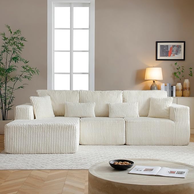 108" Boneless Cloud Sectional Couches for Living Room, Comfy Fluffy L Shaped Memory Foam Deep Seat Boneless Couch, Modular Sectional Sofa with Left Facing Chaise, Beige