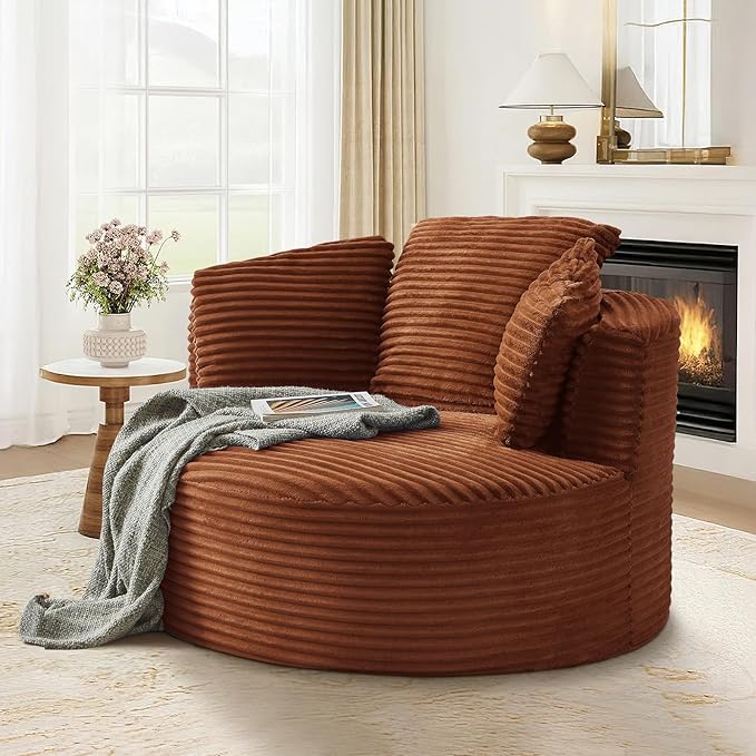 48"W Oversized Round Chaise Longue Chair Indoor,Corduroy Fluffy Comfy Cloud Chair,Circle Bean Bag Sofa with Foam Filling & Pillows,Boneless Reading Cozy Sofa Chairs for Living Room,Bedroom,Orange