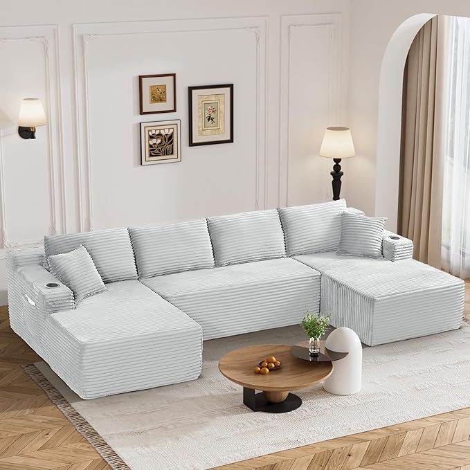 130" Oversized Cloud Boneless Sofa Couch with Chaise, Modern Corduroy Modular Sectional Sofa with Deep Seat, Comfy Couch with cupholders and Storage, No Assembly Required-Light Grey
