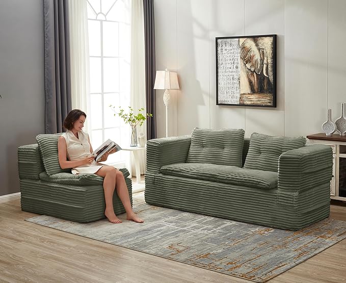 80" Foldable Floor Couch, 3-Seat Convertible Sleeper Sofa with Chaise Lounge, Blanket and 3 Soft Pillows, Corduroy Fabric, for Living Room, Bedroom, Apartment, No Assembly Required, Green