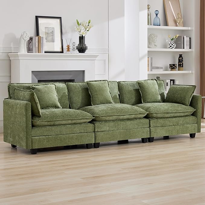 111'' Sectional Cloud Deep Seat Couch, Modern Comfy Chenille Modular Sectional Sofa for Living Room Set, Upholstered Modular 3-Seats Sofa Couch, Green