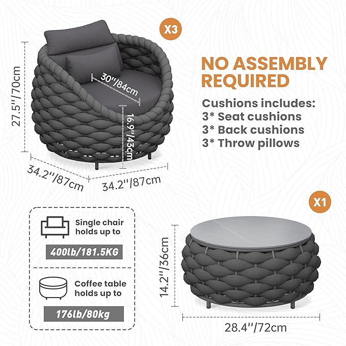 Erotr Balcony Furniture Set for Apartments: 4 Pieces Aluminum Woven Rope Patio Conversation Set - Modern Cushioned Lounge Chair Set - Assembled Porch Armchair for 400lbs Garden Lanai Hotel, Dark Grey