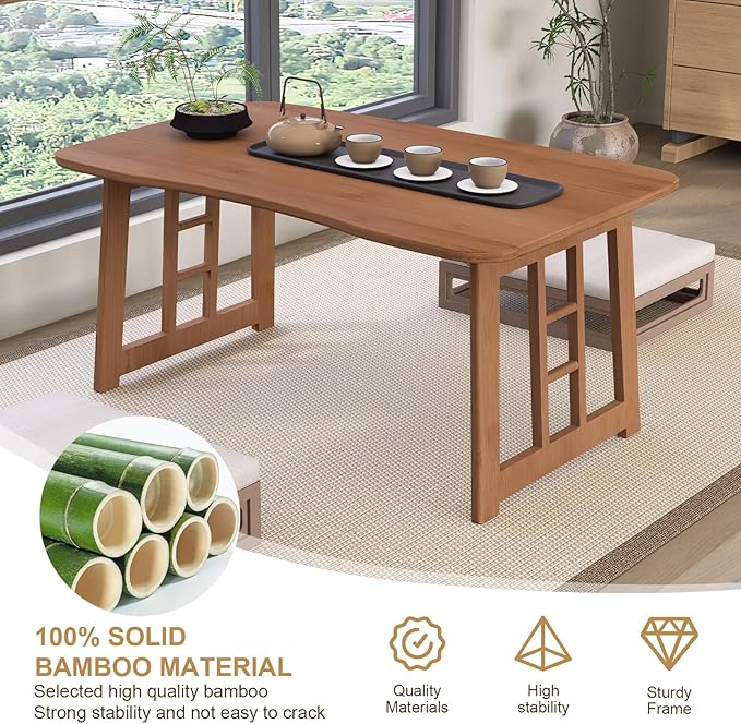 JNNXZZ Japanese Folding Coffee Table,Bamboo Foldable Low Table for Sitting On Floor,Collapsible Floor Tea Tables,Portable Meditation Table for Tatami Living Room Bay Window Office Apartment (Brown)