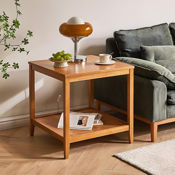 Cttasty Side Table, Solid Wood Square End Table with Storage Shelf, 2-Tier Coffee Table for Living Room, Rubber Wood Small Sofa Table, Nightstand 23.62 H x 23.62 W x 23.62 D Inches (Natural)