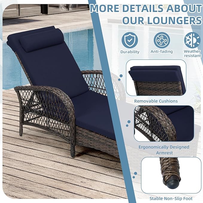 WINGTU 3 Piece Patio Chaise Lounge Set, Outdoor Patio Furniture Modern Lounge Chairs Set of 2 with Side Table & 6-Position Adjustable Backrest, Durable PE Wicker, Weather Resistant Cushions, Navy Blue