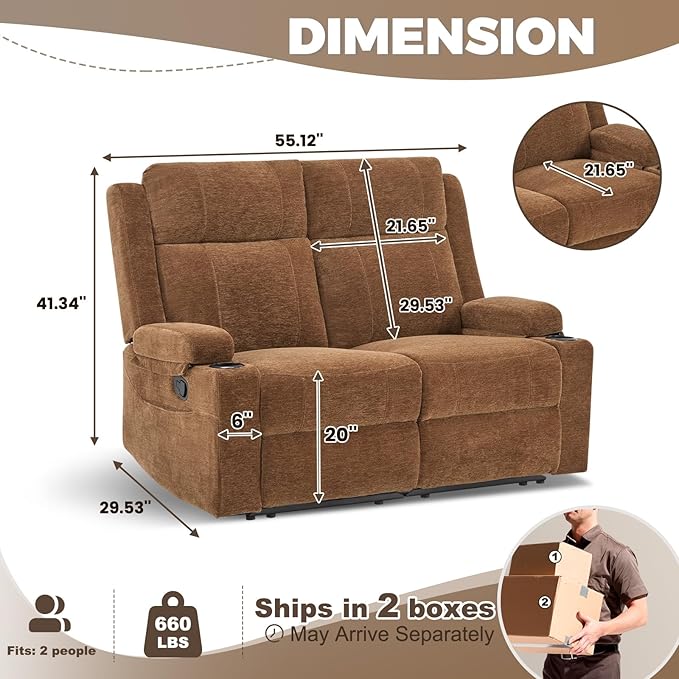 PALLOME Manual Reclining Loveseat Sofa, 2-Seater Recliner Couch with Cup Holders, Fabric Reclining Sofa for Living Room/RV (Brown)