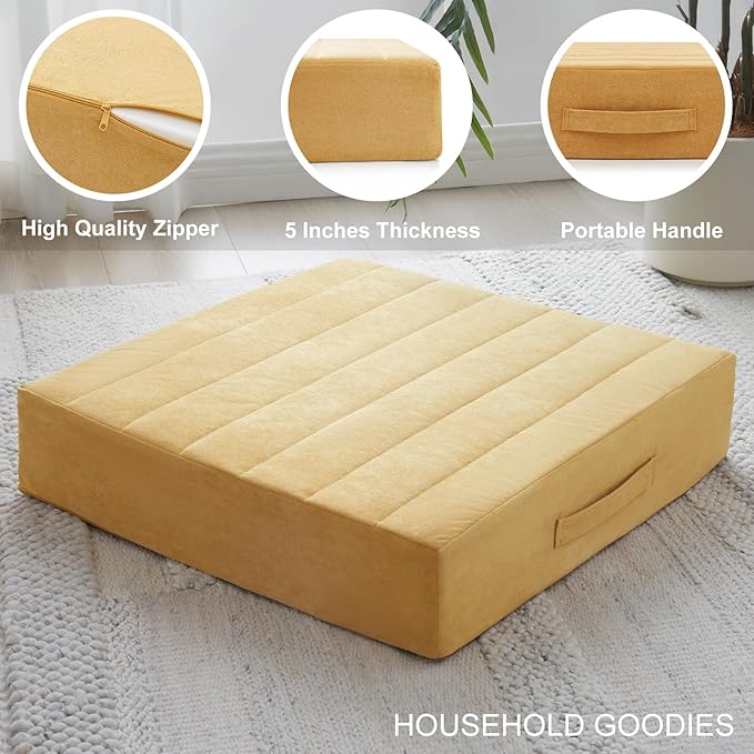 JKMAX 22 inches Floor Pillow for Adults - Large Meditation Cushion with Thick Foam & Soft Tufted Cover - Premium Outdoor Square Floor Cushion Seat - Yoga Pillows for Sitting On Floor - Yellow