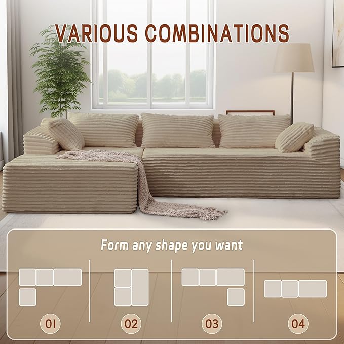 Korser 110" Sectional Couches for Living Room, Modular Sectional Sofa with L-Shape Chaise, Cloud Couch, Comfy Corduroy Fluffy Couch with Deep Seat and Side Pockets
