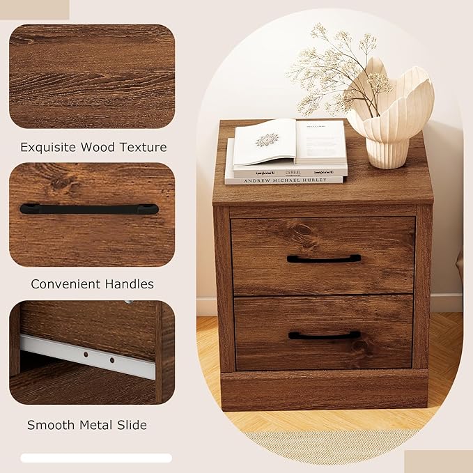 SIMOE Walnut Farmhouse Nightstand, Wooden Bedside Table with 2 Storage Drawers, Compact Floor-Standing Night Stand, Accent Sofa Side Table for Bedrooms