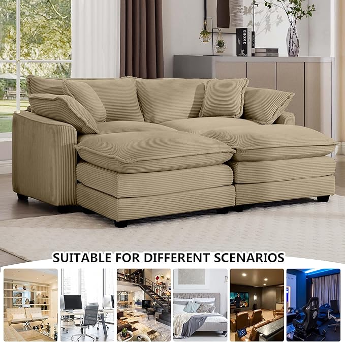 Aoowow Oversized Loveseat Couch with Ottomans,Modern Corduroy 2 Seater Cloud Couches for Living Room,Modular Sectional Cloud Sofas Deep Seat,Double Lounger Sleeper Sofa