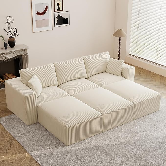 110" Modular Sectional Sofa, Cloud Couch Memory Foam Boneless Couch with Ottoman, Cozy Upholstered Corduroy Floor Couch, No Assembly Required Living Room Furniture for Apartment Home Decor, Beige