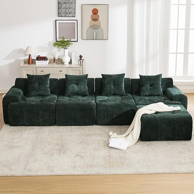 YAAREE 129.23”Modular Sectional Couch for Living Room, Modren L-Shape Cloud Sectional 4-Seater Sofa with Movable Ottoman, Woven Texture Upholstery Boneless Couch, No Assembly, Green