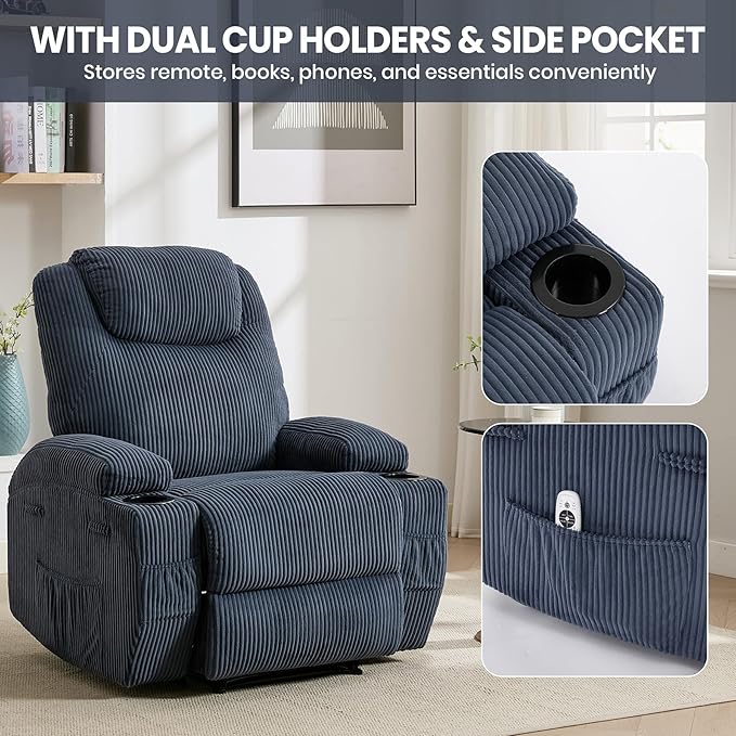 Massage Recliner Chair with Heat - Ultra-Comfortable Reclining (135° Adjustable), Dual Cup Holders & Side Storage Pockets, Easy Tool Assembly, Dark Green
