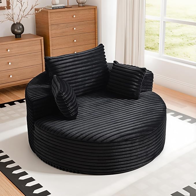 55'' Oversized Round Boneless Chaise Lounge Chair Indoor, Upholstered Corduroy Deep Seat Cloud Large Circle Sofa Couches Bed Corduroy Modern Floor No Assembly Sleeper Bed for Living Room, Bedroom