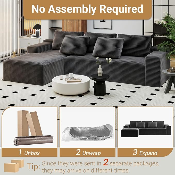 KAPEETOO Modular Sectional Sofa Cloud Couch with Chaise Longue, Left L Shaped Boneless Couch with Deep Seat, Oversize 3-Seater Boneless Sofa Set for Living Room Bedroom (Grey)