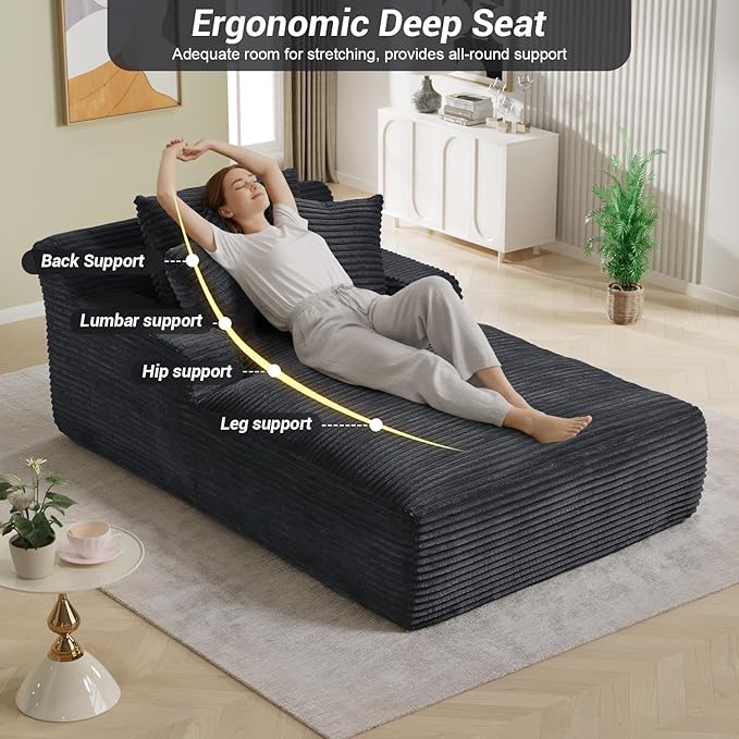 50"W x 76"D Oversized Chaise Lounge Chair Indoor Boneless Reading Chair Plush Corduroy Recliner Large Deep Seat Upholstered Sleeper Comfy Sofa Couch with 3 Pillows for Living Room Bedroom, Dark Gray