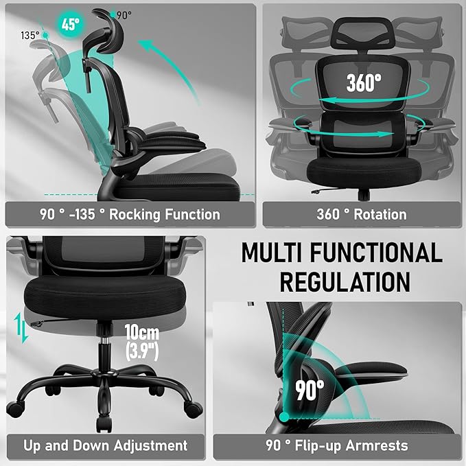High Back Ergonomic Office Chair, Breathable Mesh Desk Chair with Lumbar Support, Adjustable Headrest, Flip-up Armrests, Computer Gaming Chair, (Black, 1Pack)