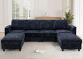 Lesofair 110" Chenille Sectional Sofa with Movable Ottomans, Modular U-Shape Couch with Cup Holders, Convertible 4 Seater Sofa with Well-Filled Backrest Cushions for Living Room, House, Blue