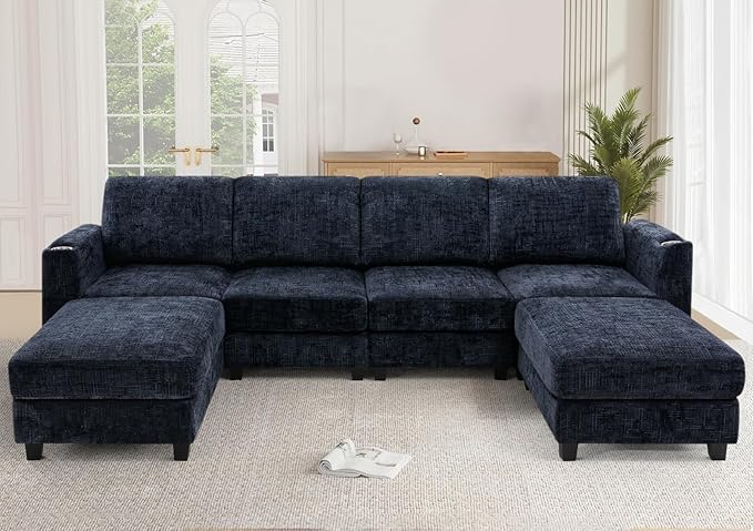 Lesofair 110" Chenille Sectional Sofa with Movable Ottomans, Modular U-Shape Couch with Cup Holders, Convertible 4 Seater Sofa with Well-Filled Backrest Cushions for Living Room, House, Blue