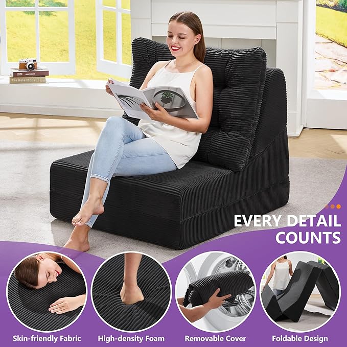 Hobestluk Sofa Couch Folding Sofa Bed Comfy Floor Lounger Convertible Sofa with Removable Cushion Couches for Small Spaces Foldable Mattress for Living Room Bedroom or Office (Cordury Black, Large)