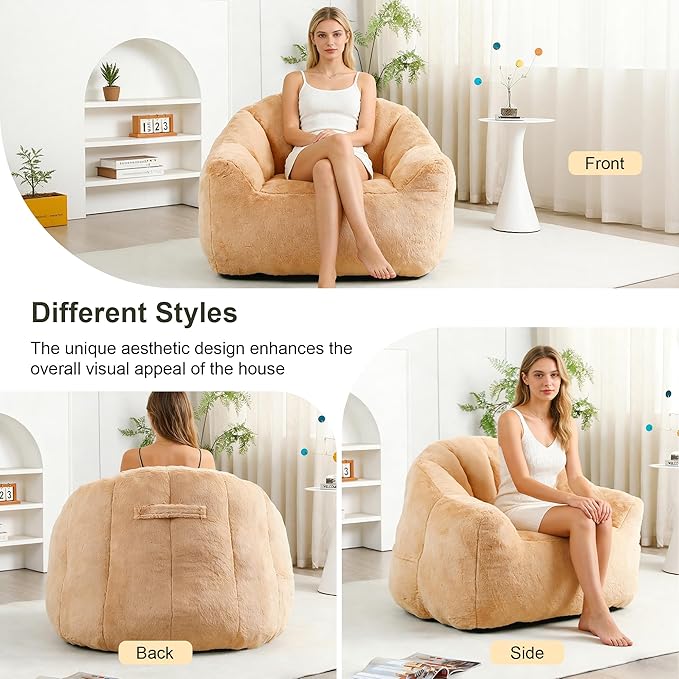 Bean Bag Chair, Bean Bag Couch for Adults and Kids, Comfy Shell-Shaped Chair with Filler Armrests Stuffed High-Density Foam Stuffed Sofa Lounge Floor Sofa for Bedroom,Gaming, Reading,Orange