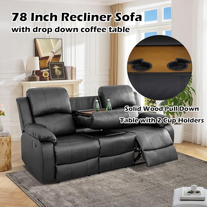 SIENWIEY Manual Leather Recliner Sectional Sofa for Living Room,L Shaped Reclining Sectional Corner Couch with Sofa,Black Recliner Sofa Set with Storage Console/Drop Down Coffee Table/Cup Holders