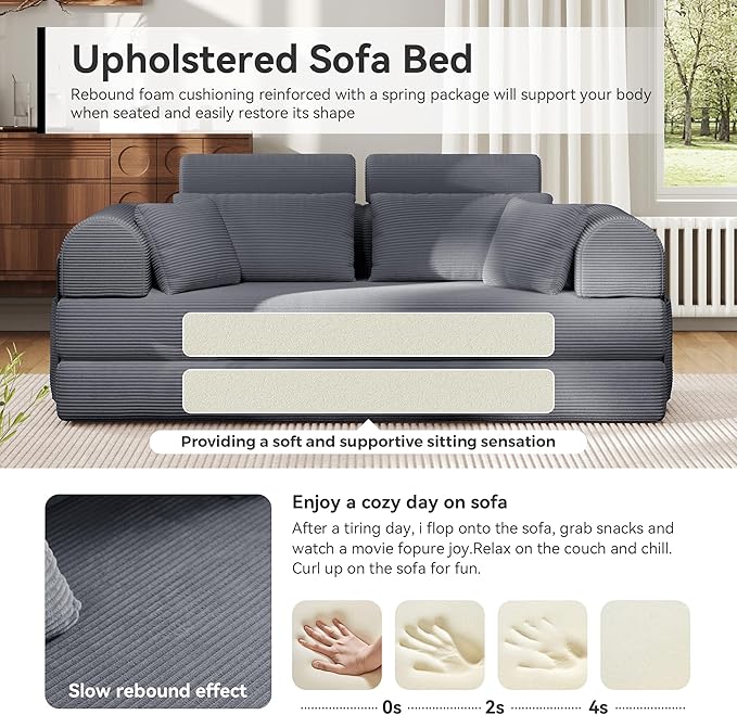 ZQRhome 2026 Upgrade Convertible Sofa Bed, 79 Inch Boneless Couch with Fixed-Shape Frame, Corduroy Fabric with High Backrest, Floor Sofa Modular Futon Couch for Living Room Bedroom Lounge (Dark Grey) | High Backrest, No Assembly, Convertible Sofa, Spac...