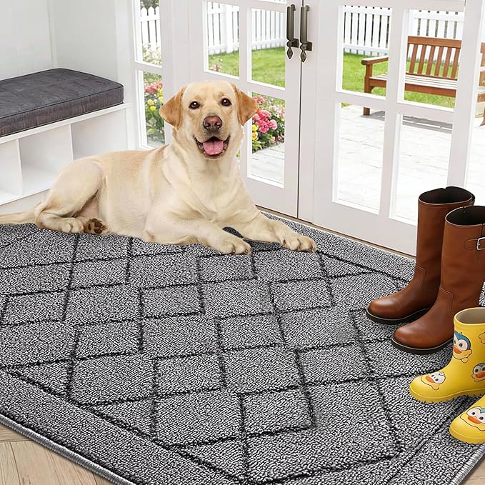 REFETONE Indoor Doormat, Front Back Door Mat 32"x40" Rubber Backing Non Slip Mats, Absorbent Washable Entrance Doormat for Entryway, Resist Dirt Low-Profile Inside Floor Mat for Muddy Shoes, Grey