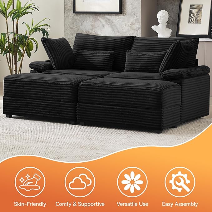 75" Corduroy Loveseat with Storage Ottoman & USB, Cloud Deep Seat Couch with Convertible Ottoman Coffee Table, Double Chaise Lounge for Living Room, Corduroy Black