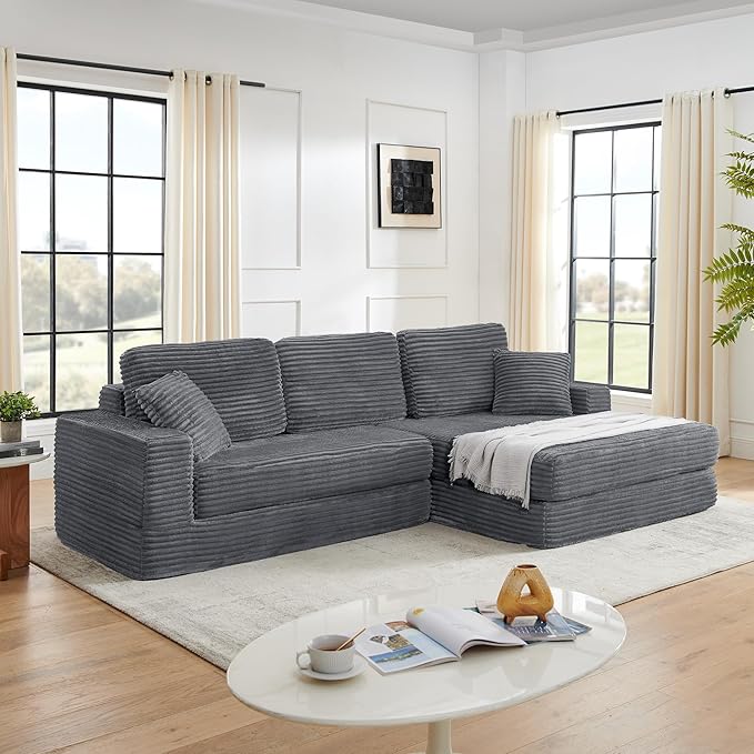 Minimalist L-Shape Modular Sectional Sofa – Corduroy Convertible Sofa Bed, Space-Saving Compressed Design