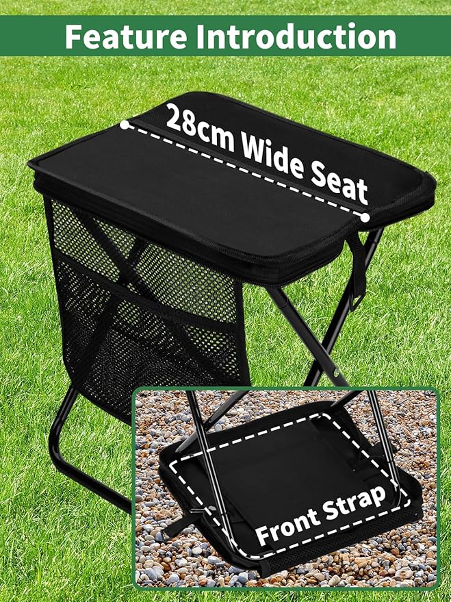 Zuplo Portable Stool for Adults, 240lb Load Foldable Backpack Stool, 13 Inch Camping Pocket Chair with 2 Storage Pockets, Outdoor Seat for Hiking, Fishing & Travel (Black)