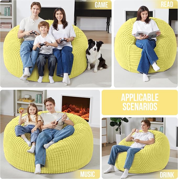 Homguava 3 FT Bean Bag Chair,3' Big Bean Bag,Large Bean Bag Chairs for Adults with Memory Foam Filled,Comfy Beanbag Chairs Soft Bean Bag Sofa with Dutch Corded Plush Cover-Yellow