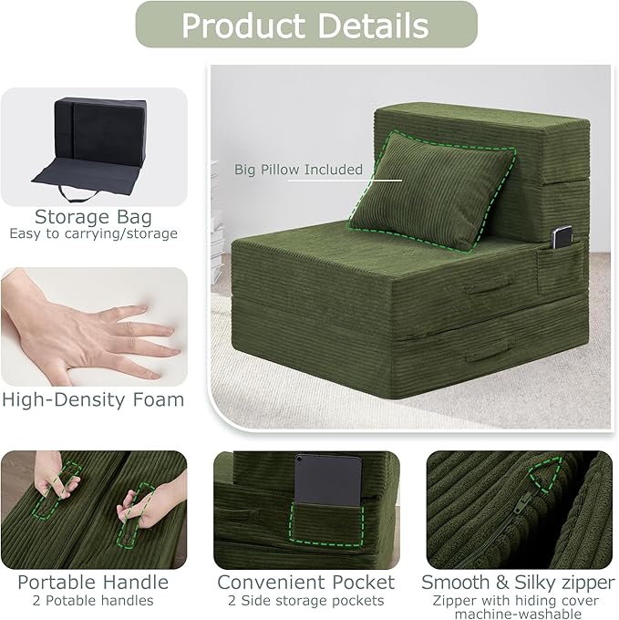 HILERO Folding Sofa Bed, 4 in 1 Convertible Sleeper Chair with Pillow, Single Memory Foam Fold Out Chair Bed, Modern Floor Futon Sofa Couch Mattress for Living Room/Guest/Apartment, Green