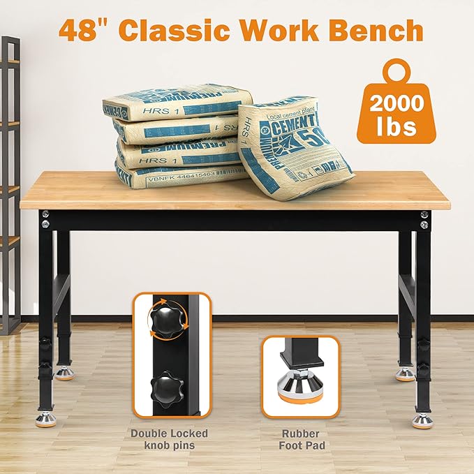 Betterhood 48" Heavy-Duty Adjustable Workbench for Garage, Rubber Wood Shop Table W/Rubber Pads, Hardwood Workstation Weight Capacity Over 2000 Lbs