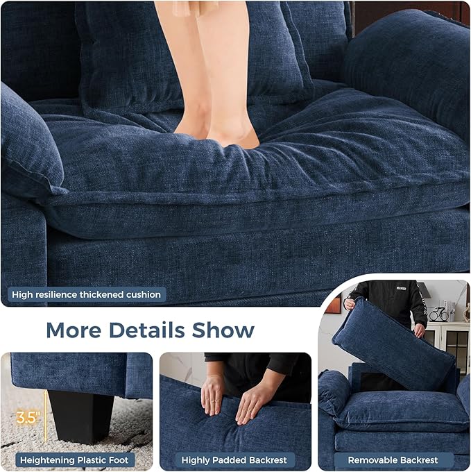 HUSFU Accent Chair with Ottoman, Oversized Chenille Cloud Couch Chair with Deep Seat and Extra Wide Armrests, Comfy Reading Armchair for Bedroom, Living Room, Blue