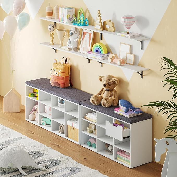 DINZI LVJ Shoe Storage Bench with Cushion, Cubby Shoe Rack with 12 Cubbies, Adjustable Shelves, Multifunctional Shoe Organizer Bench for Entryway, Mudroom, Hallway, Closet and Garage, White