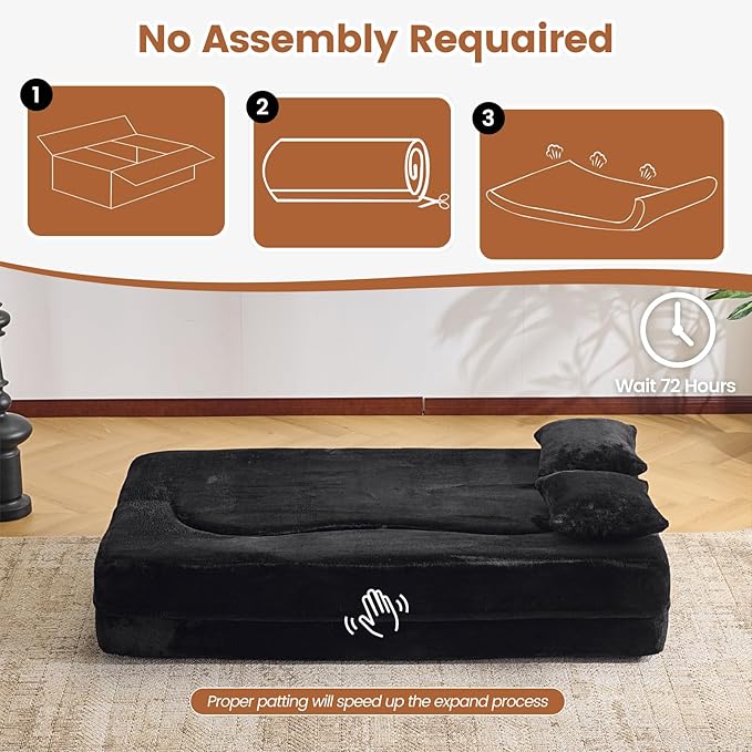 Orynveela Convertible Folding Sofa Bed, 71” Single Size Floor Sleeper Couch, Chenille Full Foam Futon Loveseat for Living Room Bedroom, No Assembly Required (Black)