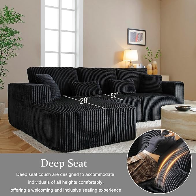 HYJT-H&K Modular Sectional Sofa Cloud Sectional Couch, 107" Comfy Fluffy L Shaped Dark Black Couches for Living Room, Deep Seat Memory Foam Plush Corduroy Boneless Couch Sectionals Left Facing Chaise