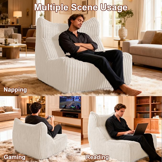 Bean Bag Chairs, Giant Bean Bag Chair for Adults, Memory Foam Lounge Chair, Comfy Lazy Floor Chair, Bean Bag Sofa for Living Room, Bedroom and Office, Single Bean Bag (White)
