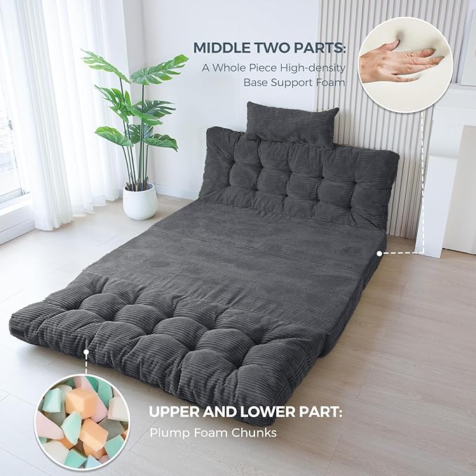 MAXYOYO Bean Bag Bed Tufted Folding Sofa With Pillows, Extra Thick and Long Floor Mattress for Adults, Twin Couch Bed for Bedroom Living Room, Dark Grey, 39x91 Inch