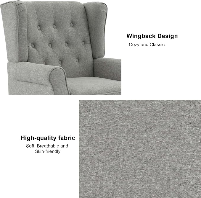 DREAMSIDEA Accent Chair, Upholstered Armchair with Button Tufted High Back & Solid Wood Legs, Comfy Wingback Reading Single Sofa Chair for Small Spaces, Living Room, Bedroom (Light Grey, Set of 2)