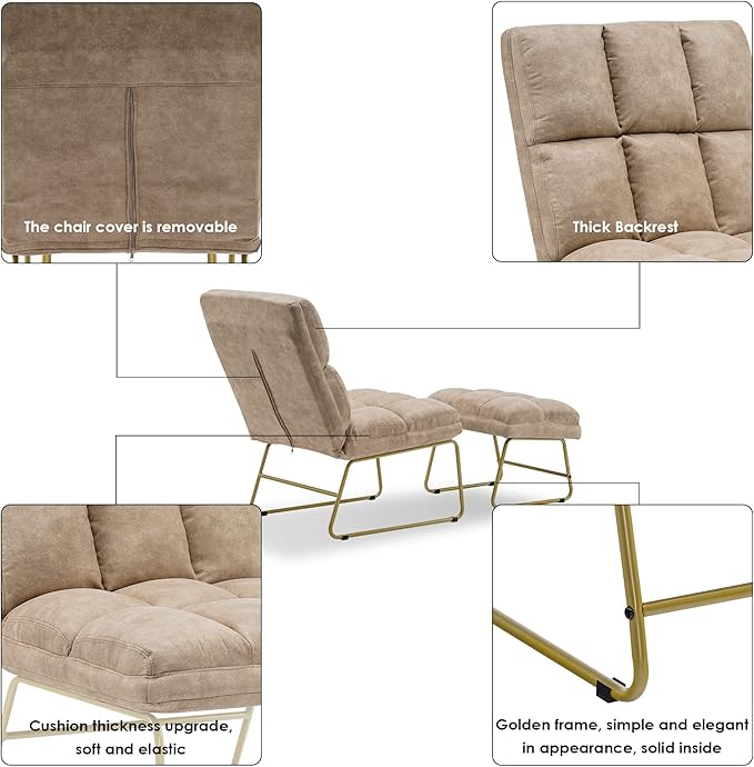 MCombo Accent Chair with Ottoman Set, Modern Armless Chair for Living Room, Bedroom, Small Space 4013 (Heat-Stamped Fabric, Beige)