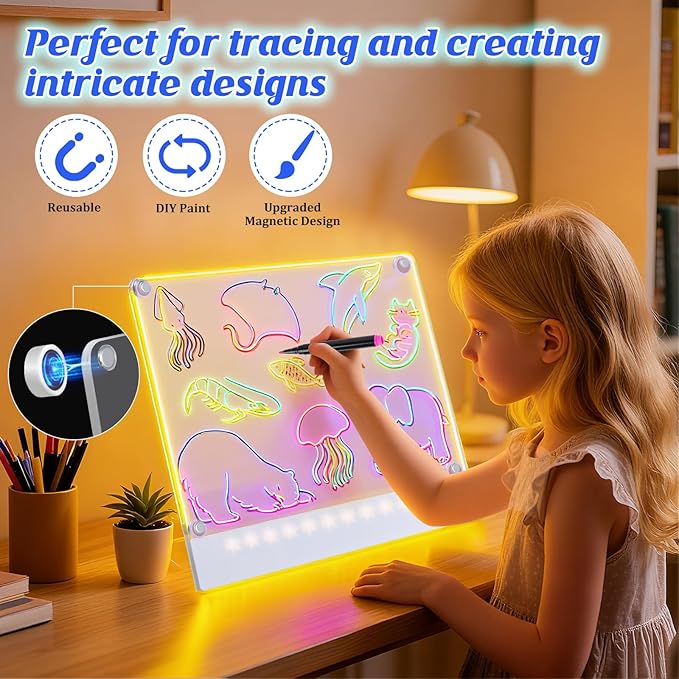 Rechargeable LED Drawing Board for Kids with Tracing Pages, Lumi Board Magnetic Light Up Acrylic Dry Erase Board, LED Note Board with 4 Magnets and Built-in Stand Christmas Gift Toy for Kids/Girls