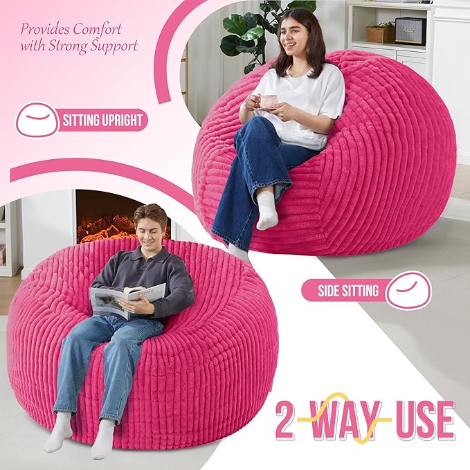 Homguava 5 FT Bean Bag Chair,5' Big Bean Bag,Giant Bean Bag Chairs for Adults with Memory Foam Filled,Comfy Large Beanbag Chairs Soft Bean Bag Sofa with Dutch Corded Plush Cover-Pink